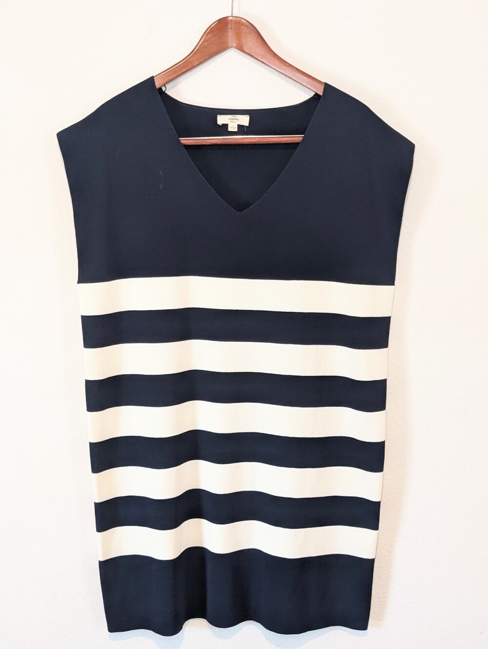 ENTRO Navy Blue White Stripe V-Neck Cap Sleeve Knit Sweater Dress L